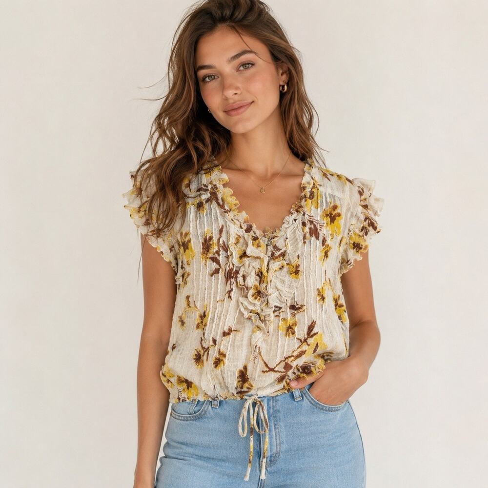 Free People FP One Naya Top Yellow Floral Ruffle Tie Gauze Boho Blouse Medium